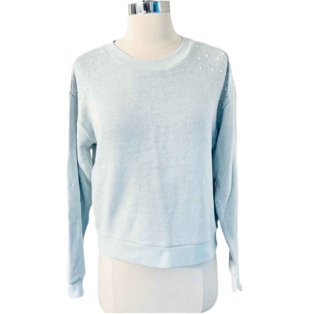 NWT Wildfox Jewel Bailey Embellished Shoulder Knit Sweater Lt Blue, Feminine XS,